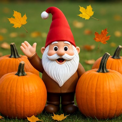 Smiling garden gnome with pumpkins