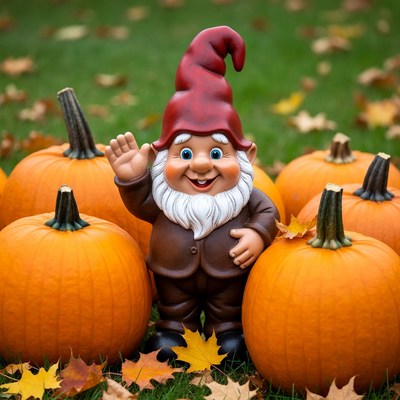 Waving Gnome with Pumpkins