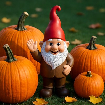 Garden Gnome Waving Among Pumpkins