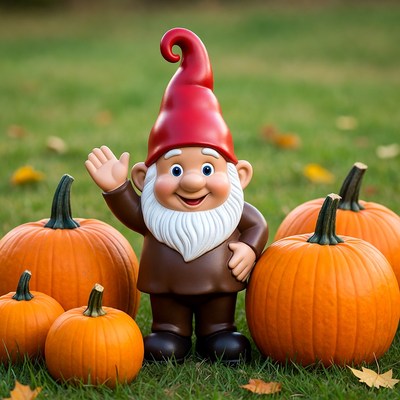 Garden Gnome Waving with Pumpkins