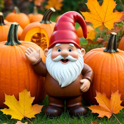 Garden Gnome Waving with Pumpkins