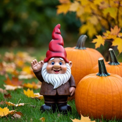 Garden Gnome Waving with Pumpkins