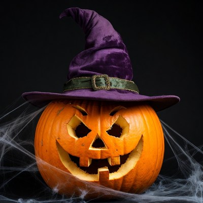 Jack-o'-lantern wearing witch hat