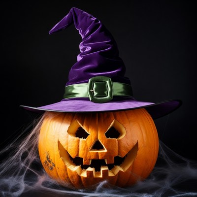 Jack-o'-lantern wearing purple witch hat