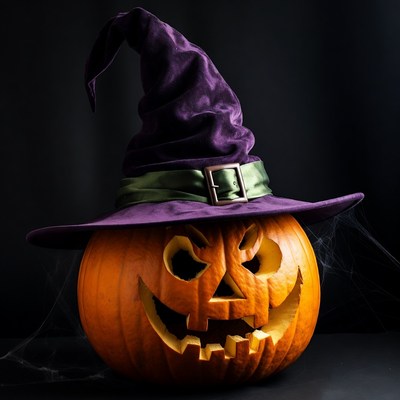 Jack-o-lantern wearing purple witch hat