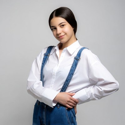 Teen girl in white shirt and denim overalls