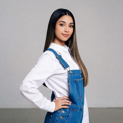 Asian woman in blue overalls