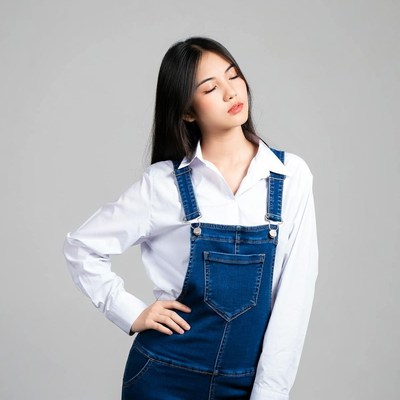 Asian woman in denim overalls posing