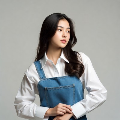 Asian woman in denim overalls