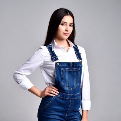 Asian woman in blue denim overalls