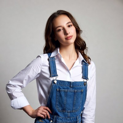 Young woman in blue overalls