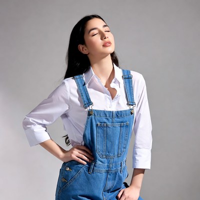 Asian woman in denim overalls