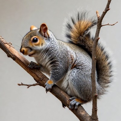 Gray squirrel climbing on branch