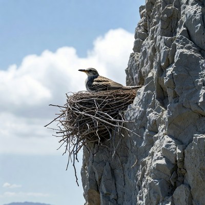 Bird on nest in rocky cliff
