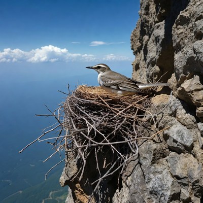 Wheatear bird in nest on cliff