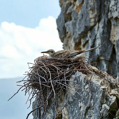 Bird in nest on rocky cliff