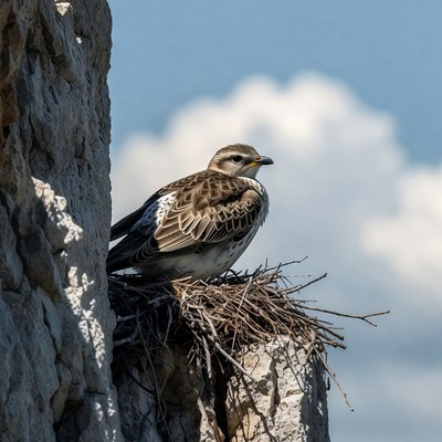 Bird in nest on rocky cliff