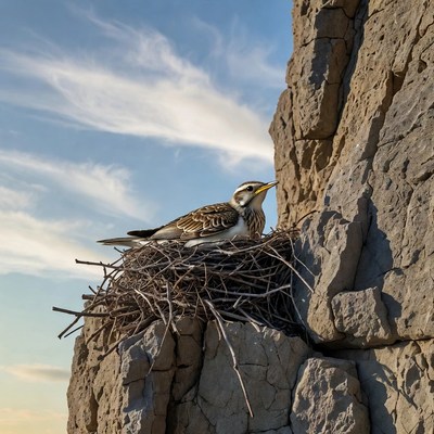 Bird in nest on rocky cliff