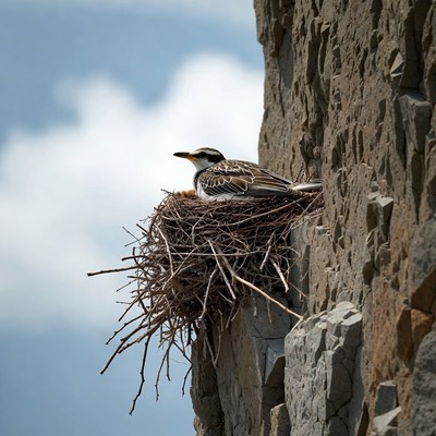 Bird in nest on cliff