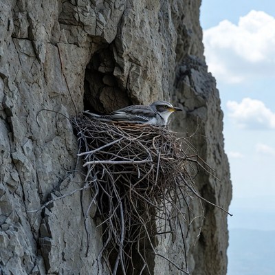 Bird nesting in rocky cliff