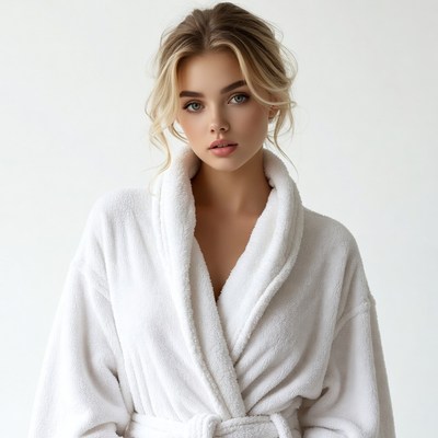 Blonde woman in white bathrobe