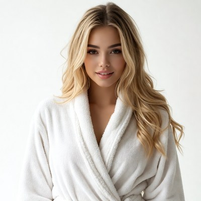 Blonde woman in white bathrobe