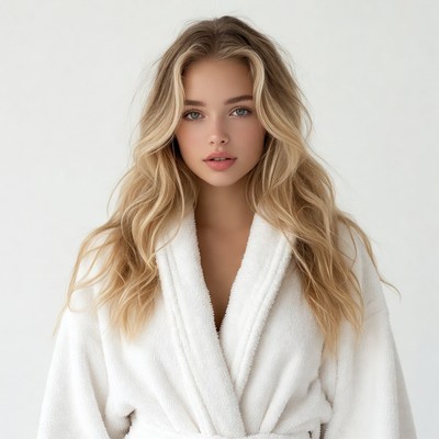 Woman in white bathrobe with blonde hair