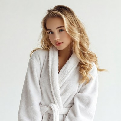 Blonde woman in white bathrobe