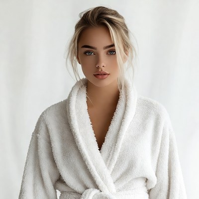 Blonde woman in white bathrobe