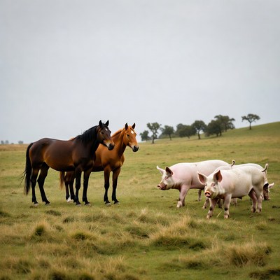 Horses and Pigs in Grassy Field