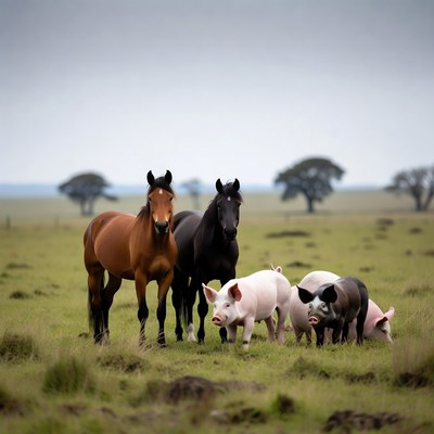 Horses and Pigs in Green Pasture