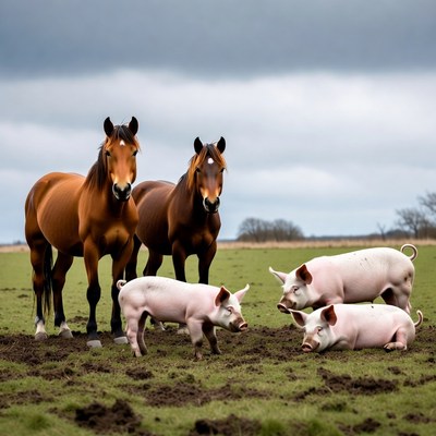 Horses and Pigs in Grassy Field