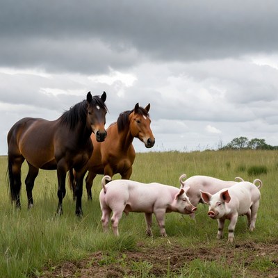 Horses and Piglets in Grassy Field