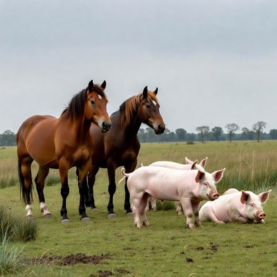 Horses and Pigs in Grassy Field