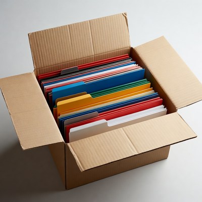 Colorful Folders in Open Cardboard Box