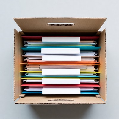 Open Cardboard Box with Colorful Folders
