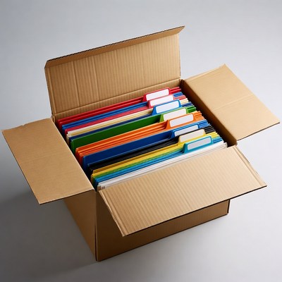 Colorful File Folders in Open Cardboard Box