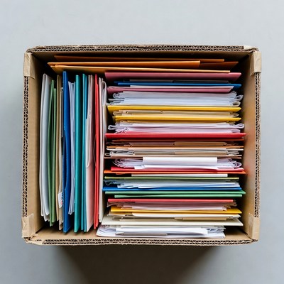 Cardboard Box Filled with Colorful Papers