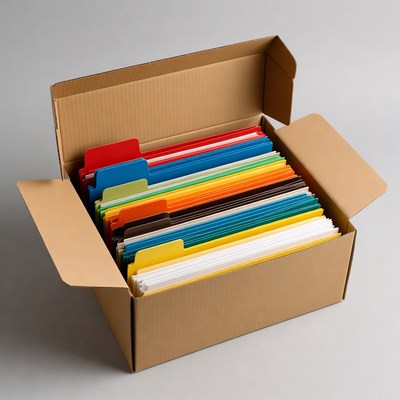 Colorful Folders in Open Cardboard Box