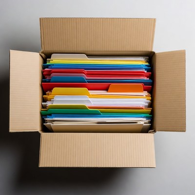 Colorful Folders in Open Cardboard Box