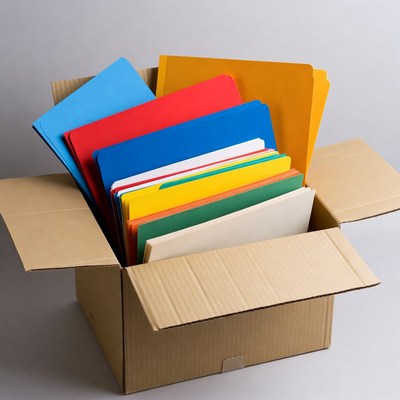 Colorful Folders in Open Cardboard Box