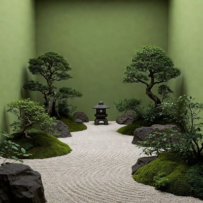 Zen Garden with Lantern and Bonsai