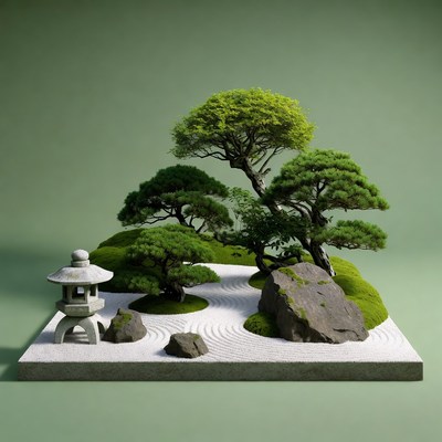 Zen Garden with Bonsai Trees and Lantern