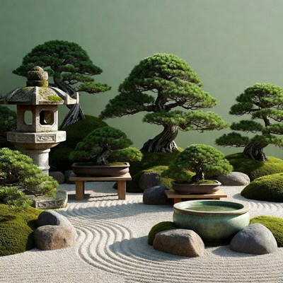 Japanese Zen Garden with Bonsai Trees