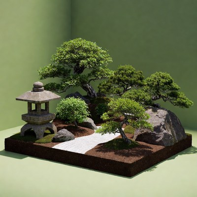 Japanese Zen Garden with Bonsai and Lantern
