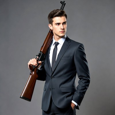 Man in suit holding rifle
