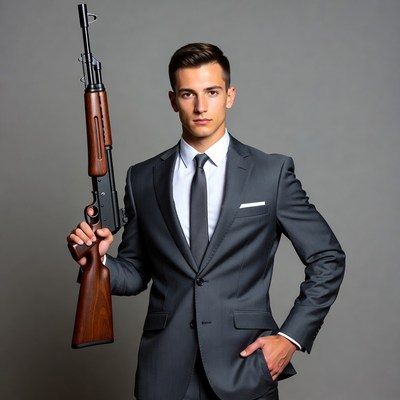 Man in suit holding shotgun