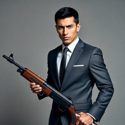 Man in suit holding rifle