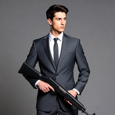 Man in suit holding rifle