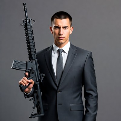 Man in suit holding rifle